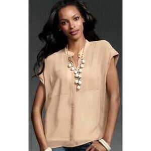 2/$30 CAbi Cap Sleeve Sheer Chiffon Button Down Blouse Tan Women's Medium